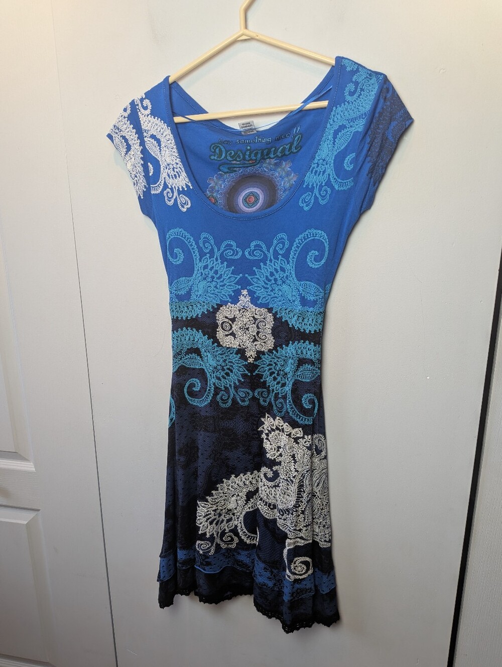 Y2K DESIGUAL Midi Dress Colorful Size Small Ribbon At Waist Boho Style Blue